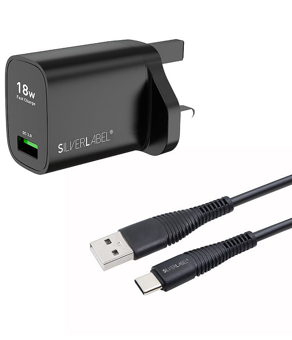 18W USB-A Wall Charger & USB-C Cable - Black